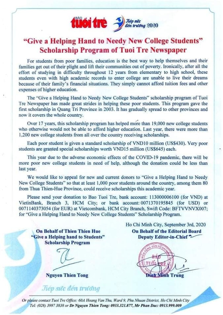 Donate to help needy students afford college in Vietnam