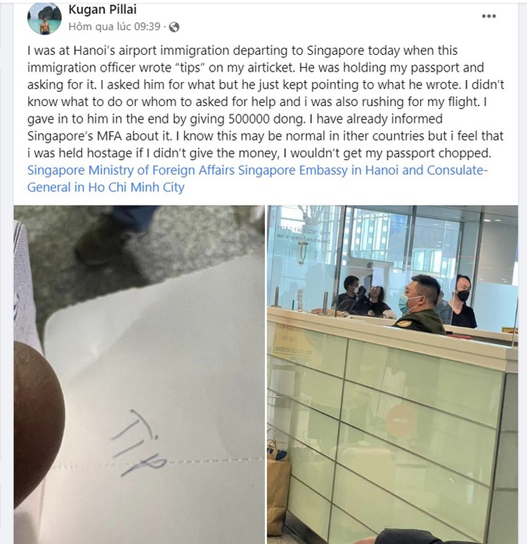 Immigration officer at Hanoi airport suspended for allegedly demanding tip from Singaporean passenger