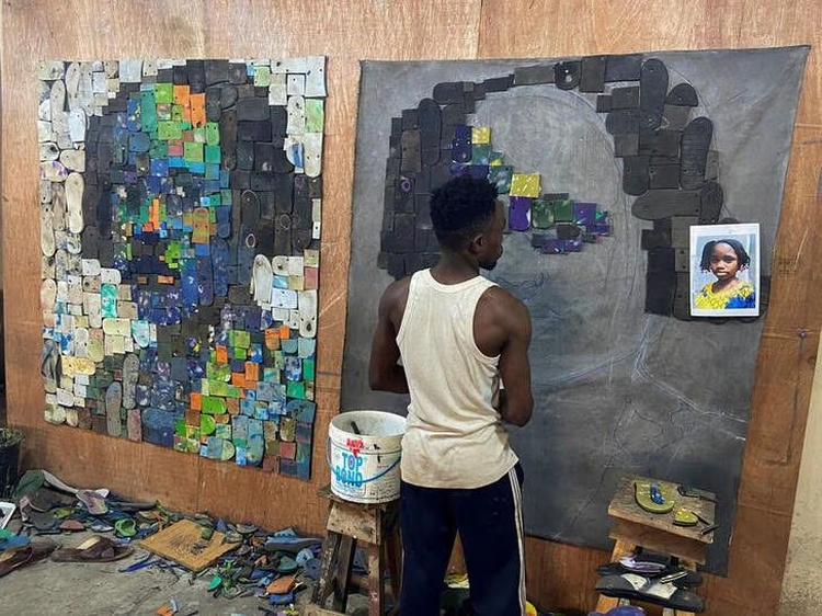 Eco-friendly Nigerian artist turns plastic flip-flops into portraits