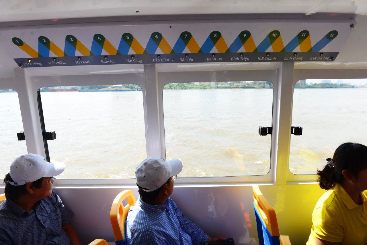 The names of each stop are listed inside the river bus.