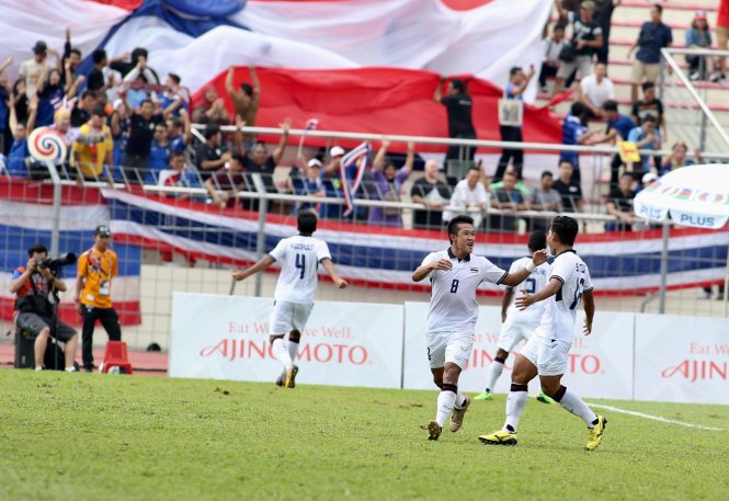 Thailand players celebrate after scoring the second goal.