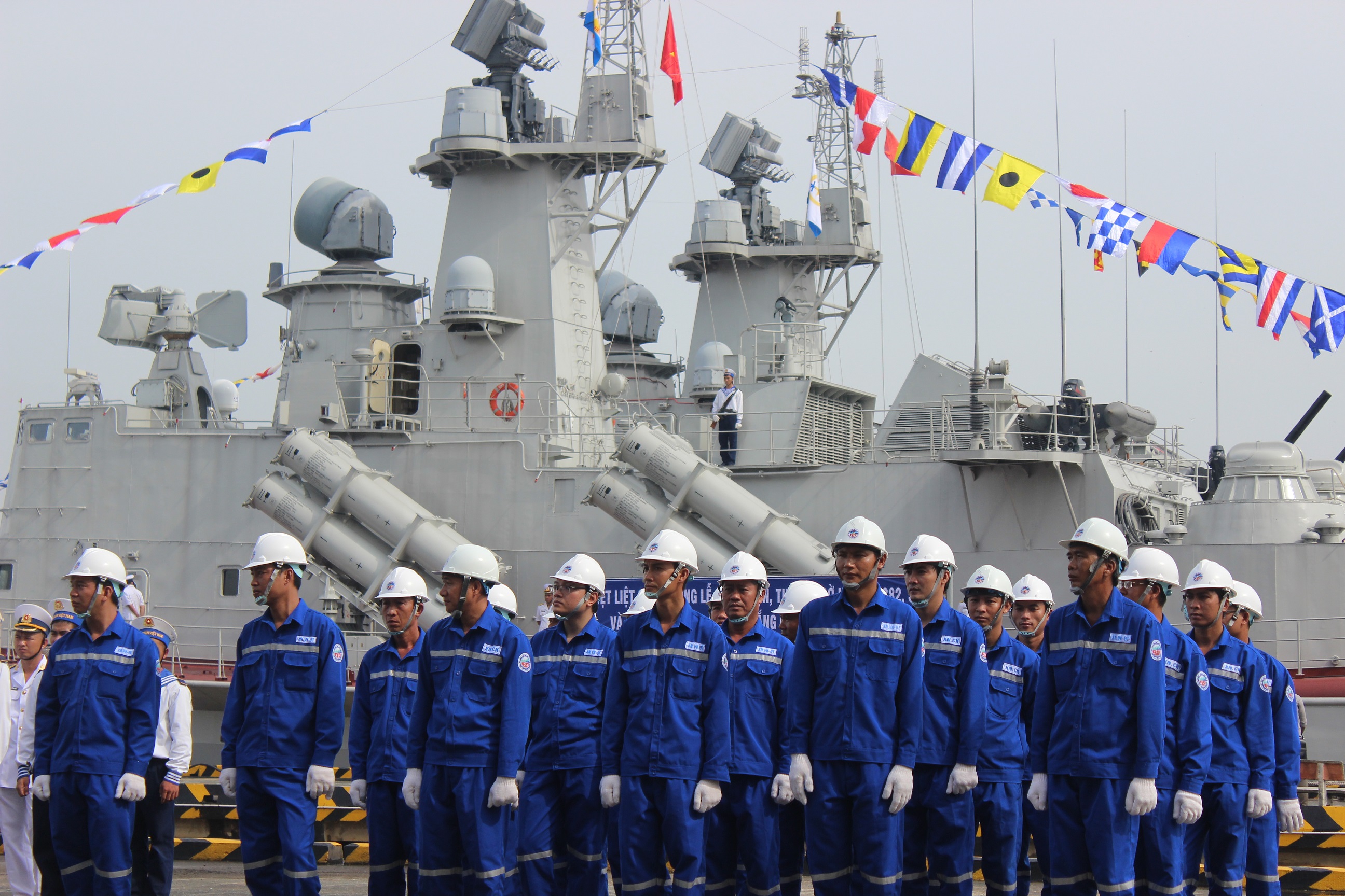 Employees of Ba Son Shipbuilding Company, builder of the two vessels, are present at the launching ceremony. Photo: Tuoi Tre
