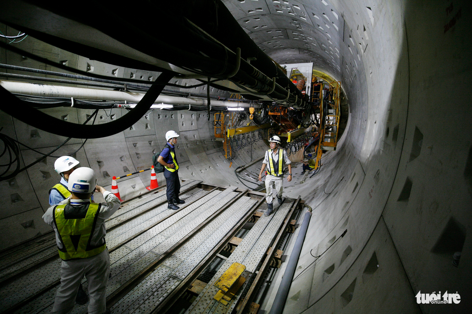 Engineers carry out the finals phases of the construction.
