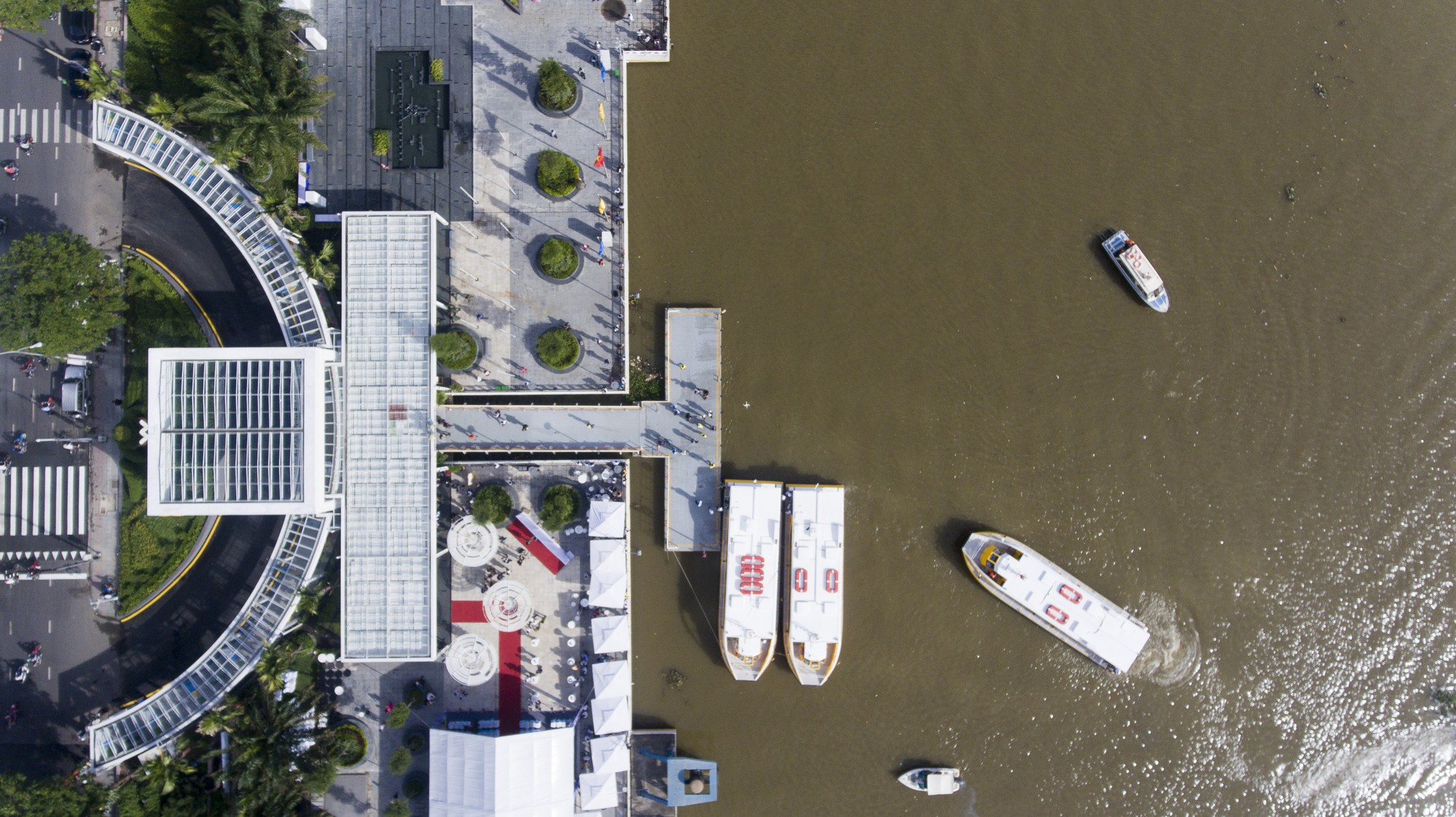 The river bus stop at Bach Dang Wharf is seen from above.