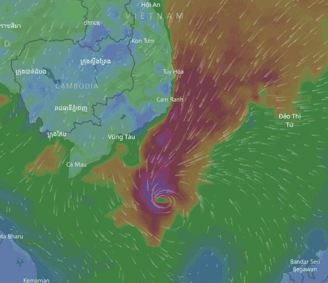 A map showing the location of Typhoon Tembin at 9:00 am on December 25, 2017. Photo: windy.com