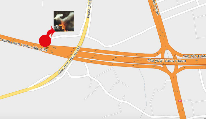 The Google Maps location (red) of the smoke-caused accident along the Ho Chi Minh City-Long Thanh-Dau Giay Expressway in Southern Vietnam, April 3, 2018. Photo: Tuoi Tre