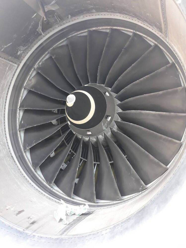 Debris believed to be construction materials are seen in the plane engine.