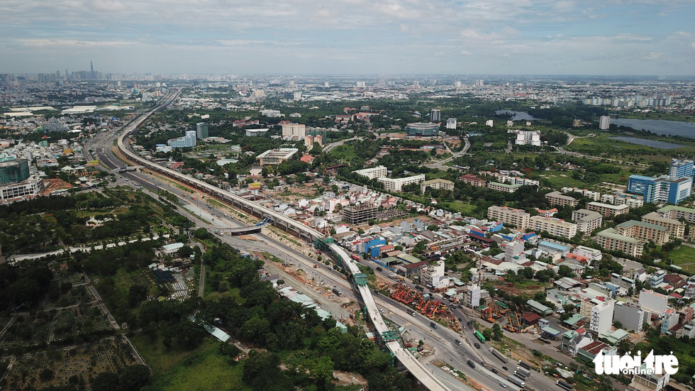 An aerial view of the under-construction first metro line in Ho Chi Minh City. Photo: Tuoi Tre