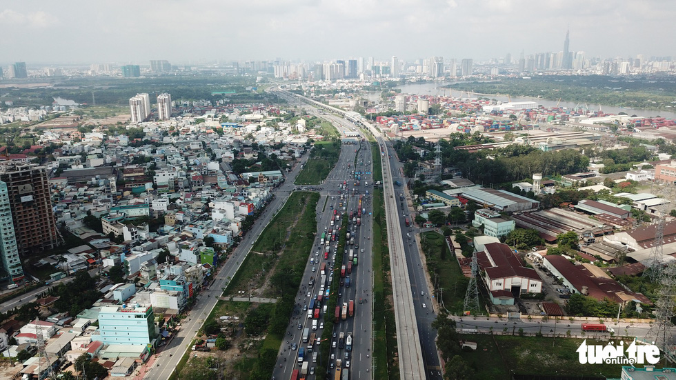 An aerial view of the under-construction first metro line in Ho Chi Minh City. Photo: Tuoi Tre