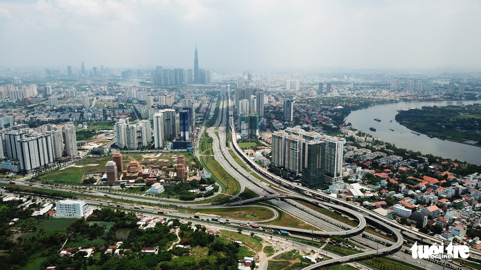 An aerial view of the under-construction first metro line in Ho Chi Minh City. Photo: Tuoi Tre