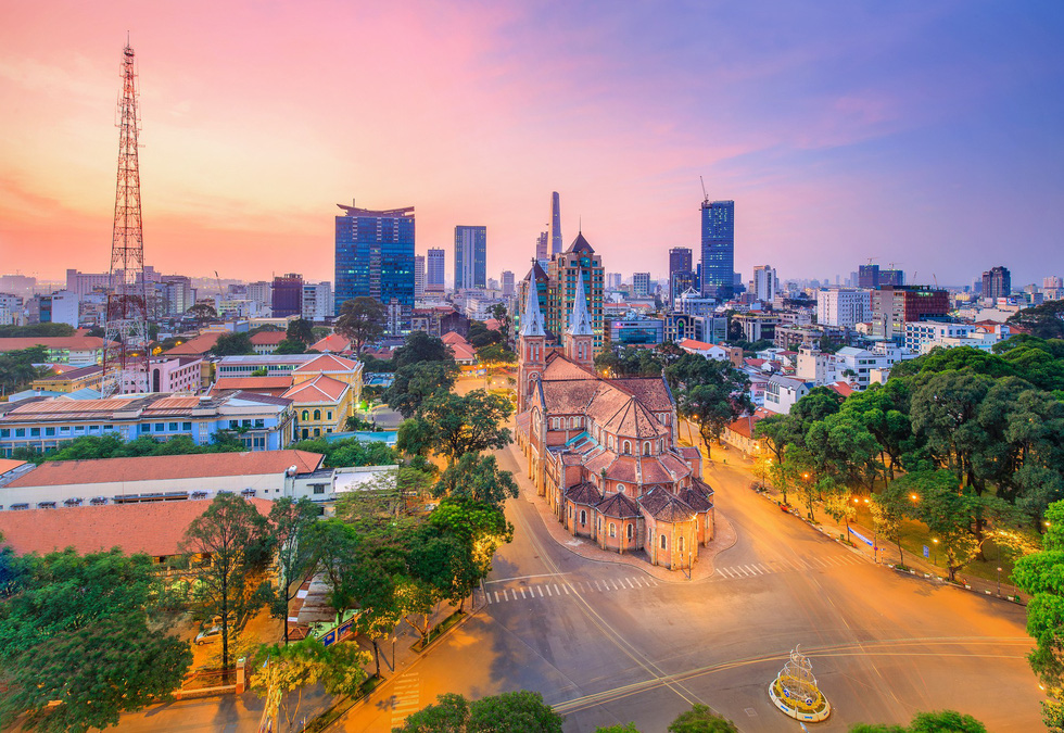 An aerial view of the iconic Notre-Dame Cathedral Basilica in District 1 from Diamond Plaza Building. Photo: Nguyen Tan Tuan