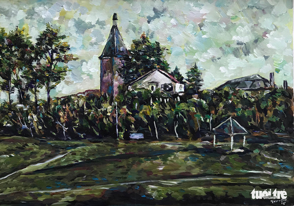 A photo of the acrylic painting “Thap chuong Yersin” (Yersin Bell Tower) by Nguyen Thuyen