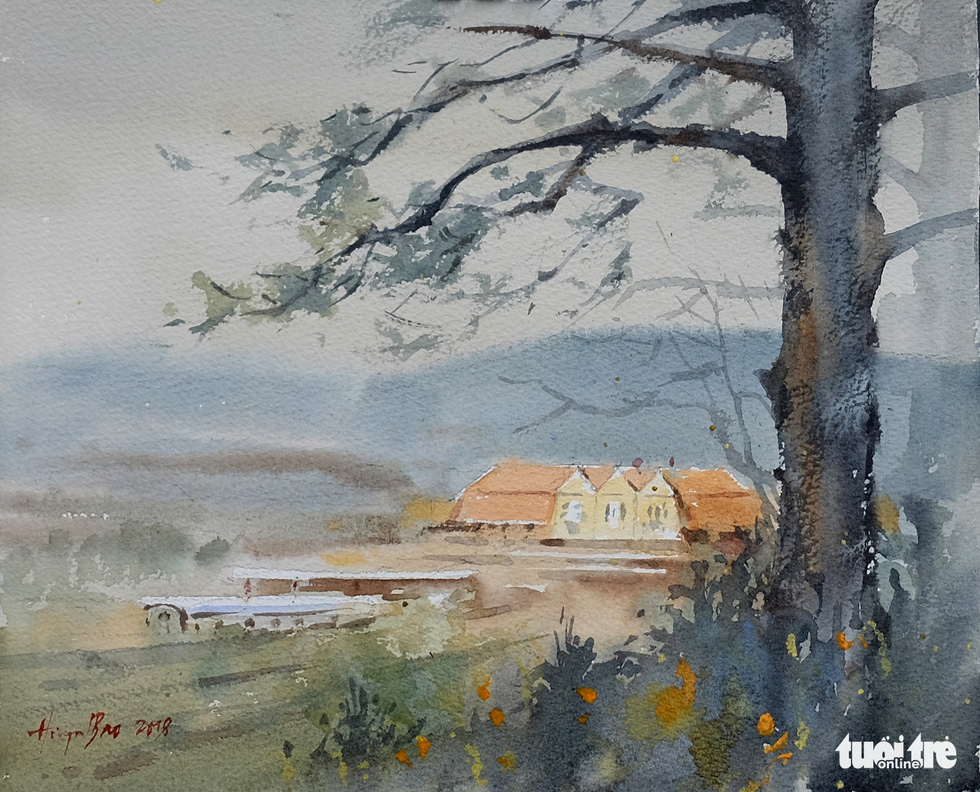 A photo of the water color painting “Ga Da Lat” (Da Lat Station) by artist Bao Huynh