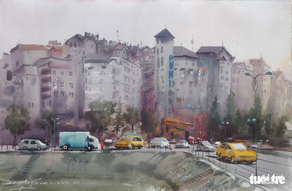 A photo of the water color painting “Suong Pho” (Urban Fog) by artist Doan Quoc