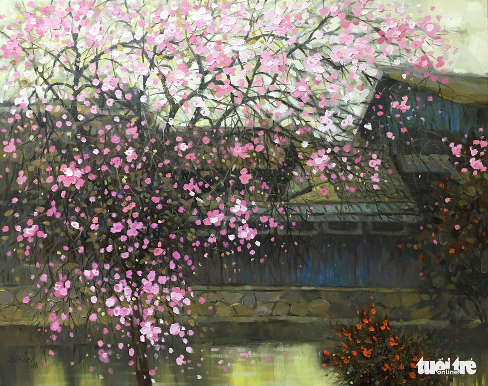 A photo of the oil painting “An tuong Sakura” (Impression of Sakura) by Nguyen Anh Duc