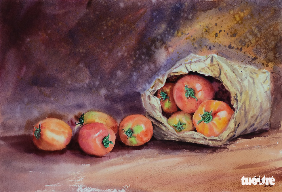 A photo of the water color painting “Qua Da Lat” (Da Lat Specialty) by artist Bui Thanh Thuan