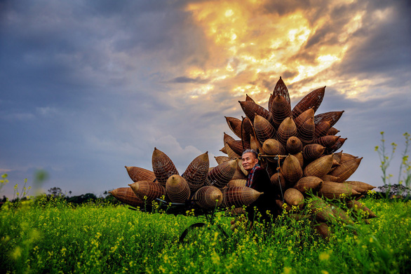 Artisan Luong Son Bac walks a bicycle hanging bamboo fish traps in a winter cress field in Hung Yen Province, northern Vietnam. Photo: Nguyen Tan Tuan