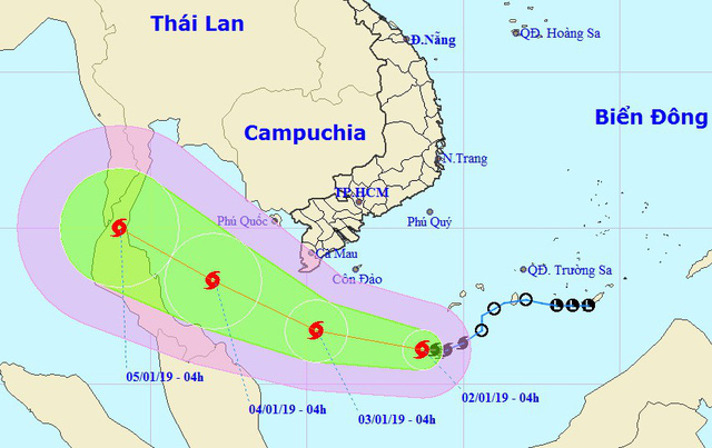 A map detailing the route of Storm Pabuk from January 2 to 5, 2019. Photo: National Center for Hydro-meteorological Forecasting