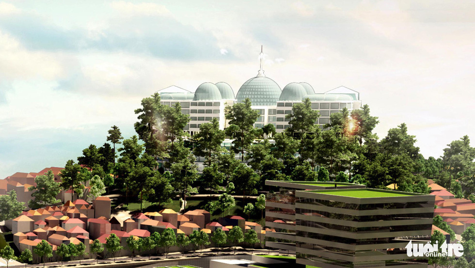 A 3D model for a planned hotel and shopping complex that will be built upon the current site of the ‘Dinh Tinh Truong’ provincial governor’s palace in Da Lat, Vietnam after its relocation. Photo: Mai Vinh / Tuoi Tre