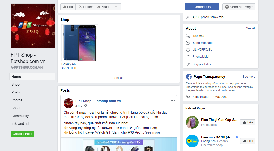 A fake Facebook page of mobile retailer FPT Shop is captured in this screenshot