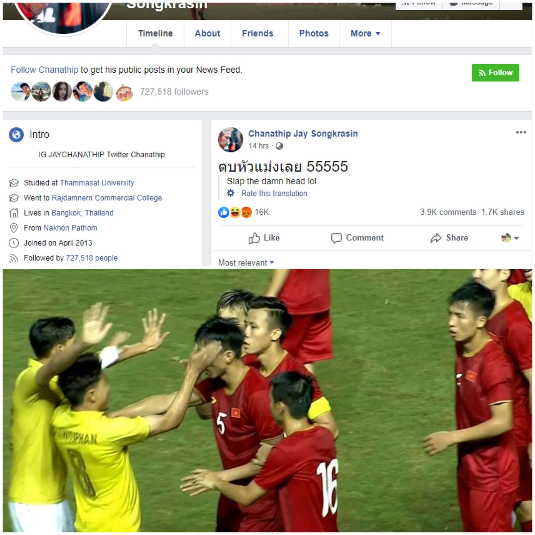 This combined photo shows the controversial post on Chanathip Songkrasin Facebook and the situation when Vietnamese and Thai players got into a quarrel during their King's Cup game on June 5, 2019.