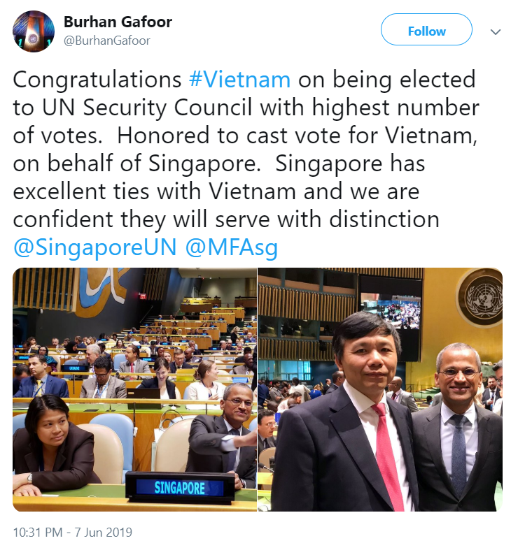 A screen grab of a Twitter post by Singapore’s permanent representative to the United Nations Burhan Gafoor, in which he congratulates Vietnam on winning an election to become a non-permanent member of the UN Security Council for the 2020-21 term.