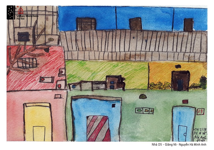 A painting by Minh Anh depicts Giang Vo communal house in Ba Dinh District, Hanoi