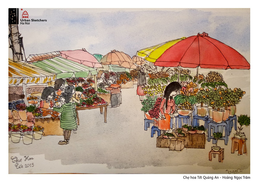 A painting by Ngoc Tram depicts Quang An Lunar New Year market in Tay Ho District, Hanoi