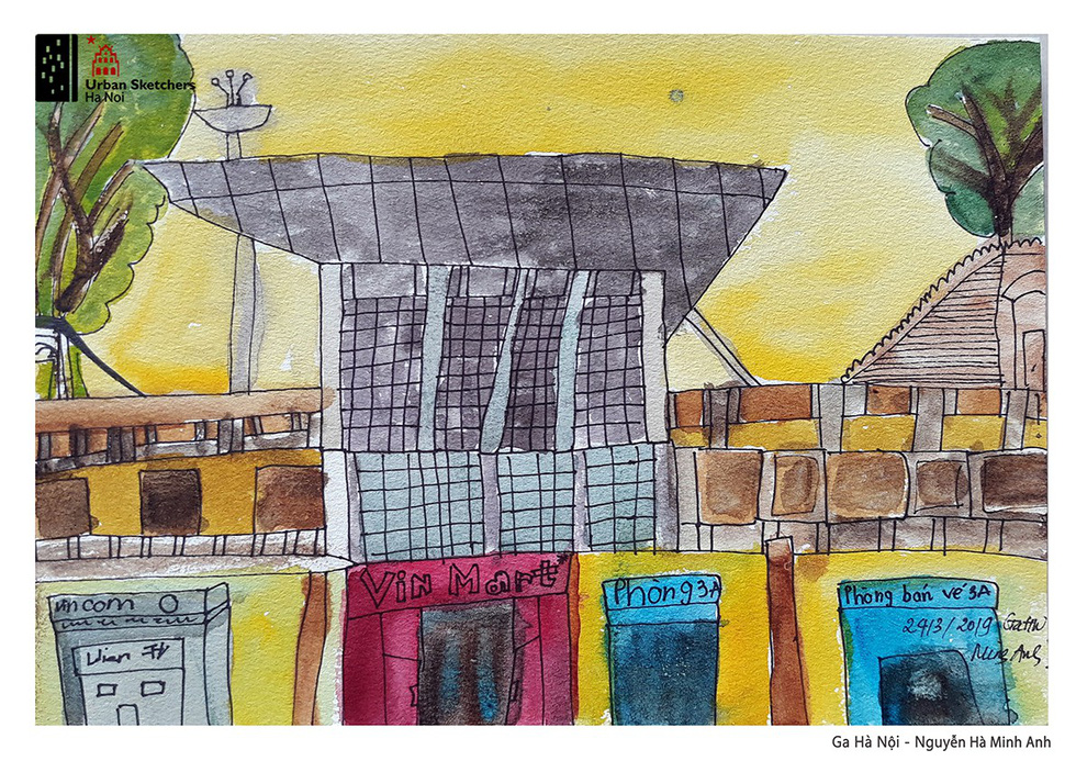 A painting by Minh Anh depicts Hanoi Railway Station Hoan Kiem District