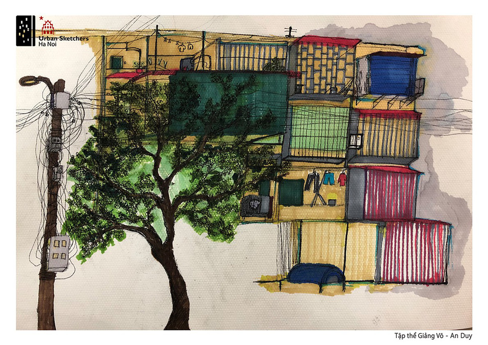 A painting by An Duy depicts Giang Vo communal house in Ba Dinh District, Hanoi