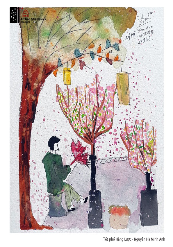 A painting by Tat Khanh depicts Hang Luoc Lunar New Year market in Tay Ho District, Hanoi