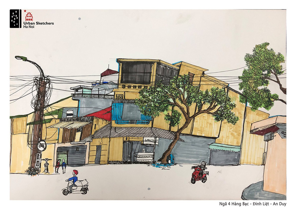 A painting by An Duy depicts Hang Bac Street in Hoan Kiem District, Hanoi