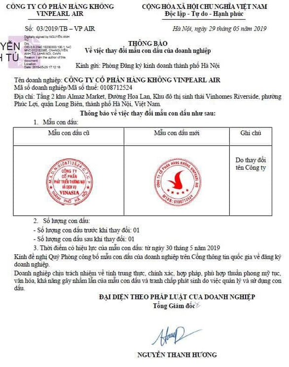 An announcement on VinAsia Development Service and Trading JSC’s change of name and line of business to Vinpearl Air Aviation JSC.