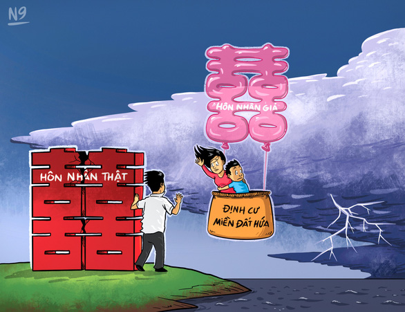 This caricature depicts a Vietnamese man sending his wife and child to the U.S. through a bogus marriage scheme. Photo: Tuoi Tre