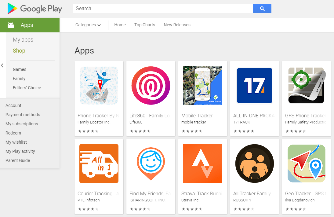 Some tracking apps available on the Google Play store are seen in this screen grab.