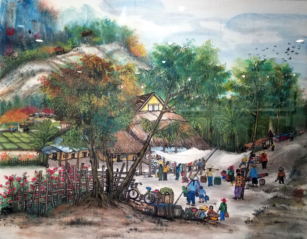 The painting Cho chieu (Afternoon market) by artist Ho Ly Hoa