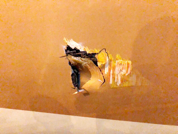 A hole is seen on the body of a Boeing 787-9 Dreamliner following a crash with an stair truck at Tan Son Nhat International Airport in Ho Chi Minh City, on August 21, 2019