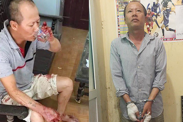 Nguyen Van Dong is pictured drinking water and being handcuffed after killing four members of his brother's family in Hanoi on September 1, 2019. Photo: Tuoi Tre