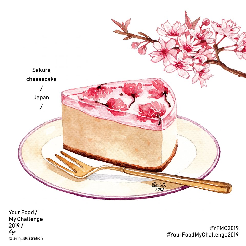 Japanese Sakura cheesecake illustrated by Le Rin