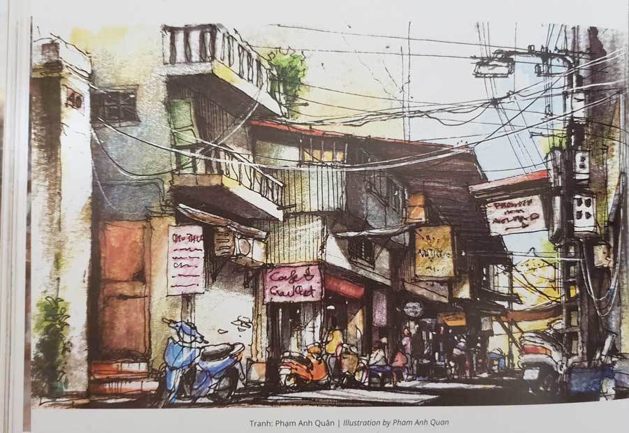 A painting by Pham Anh Quan depicts an alley in Hanoi.