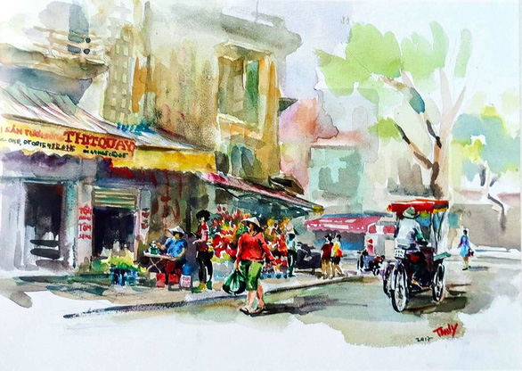 A painting by Tran Thi Thanh Thuy depicts Hang Be Street in Hoan Kiem District, Hanoi.