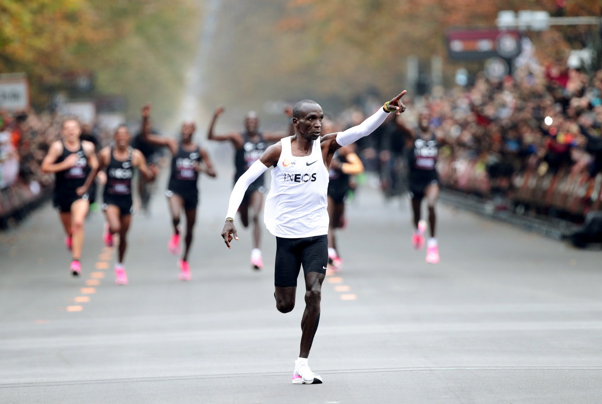 Kenya's Eliud Kipchoge, the marathon world record holder, crosses the finish line during his attempt to run a marathon in under two hours in Vienna, Austria, October 12, 2019. Photo: Reuters