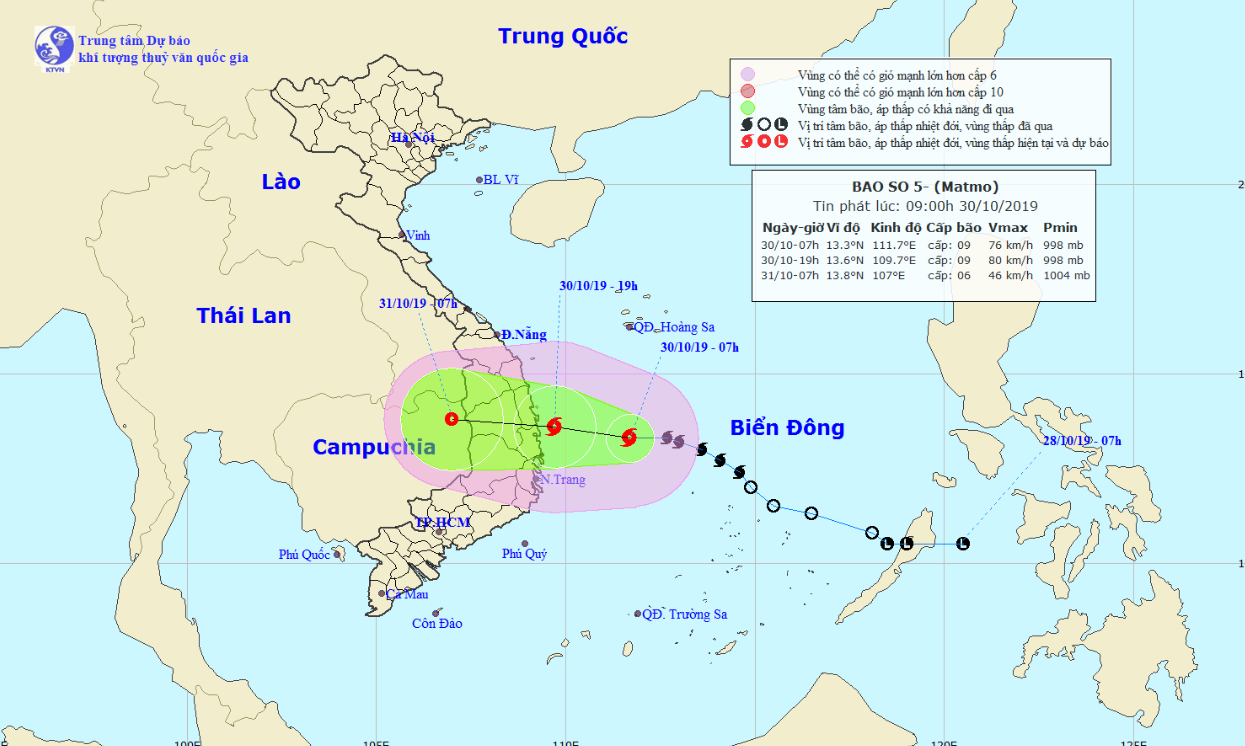 A map detailing the route of Tropical Storm Matmo on October 30 and 31, 2019. Photo: National Center for Hydro-meteorological Forecasting