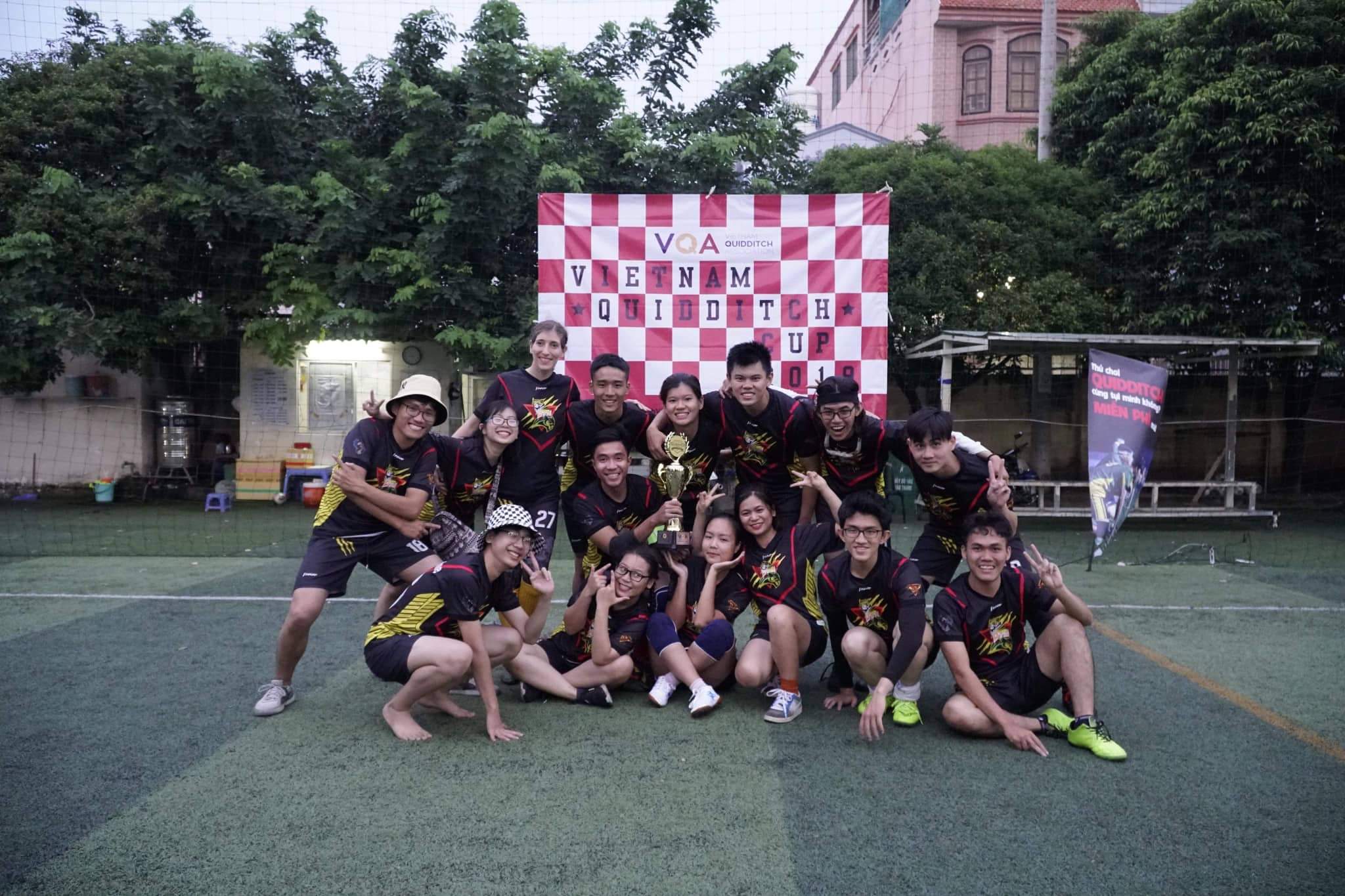 The winning team poses for a photo at the maiden Vietnam Quidditch Cup organized by the Vietnam Quidditch Association  in Tan Binh District, Ho Chi Minh City, November 10, 2019 in this provided photo