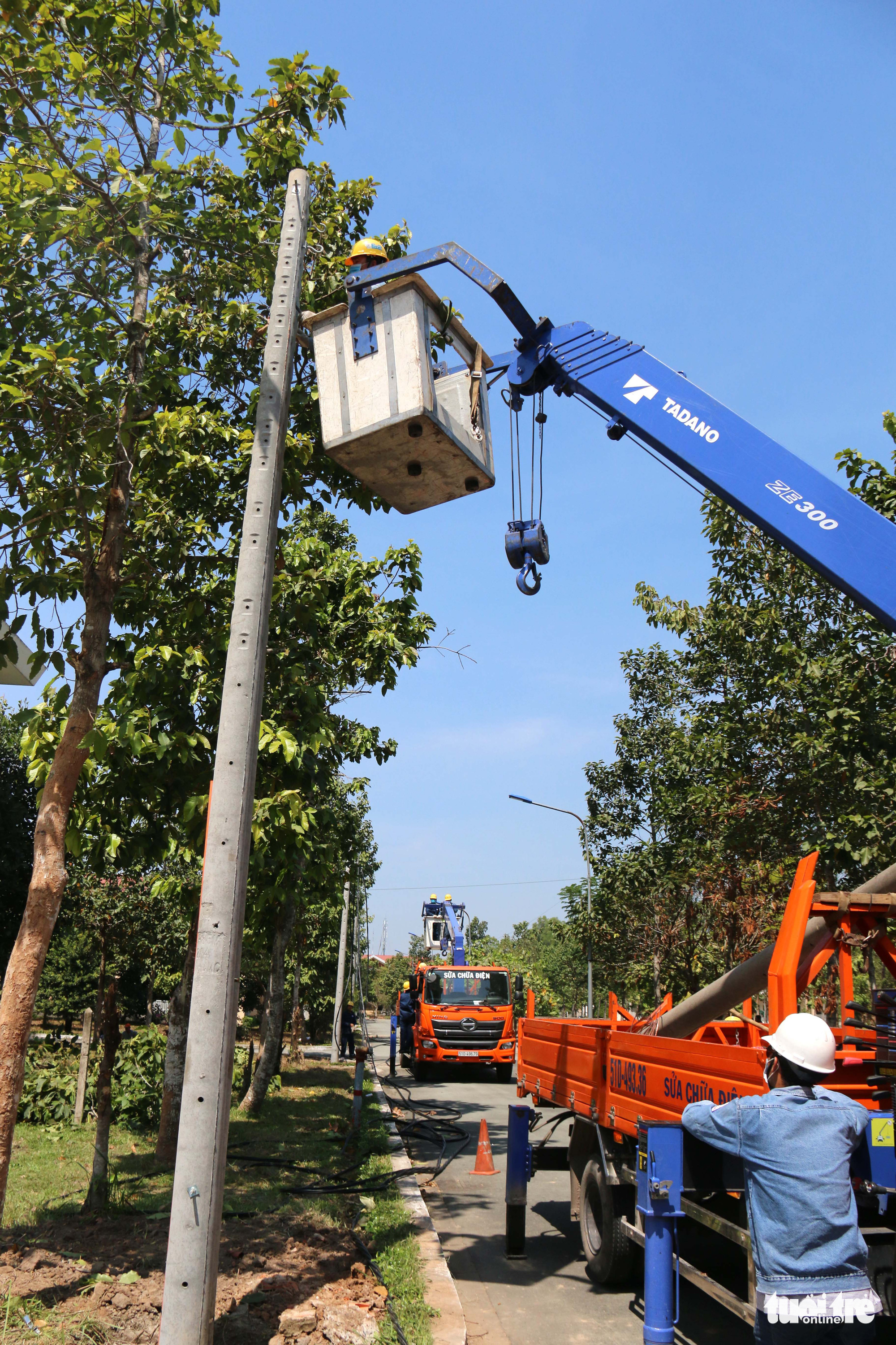 Utility poles are planted to ensure sufficient power supply for the hospital. Photo: Ngoc Hien / Tuoi Tre