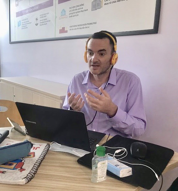 A teacher delivers a lesson via Yola English center’s online platform amid a school closure due to COVID-19 in Ho Chi Minh City, Vietnam. Photo: Yola
