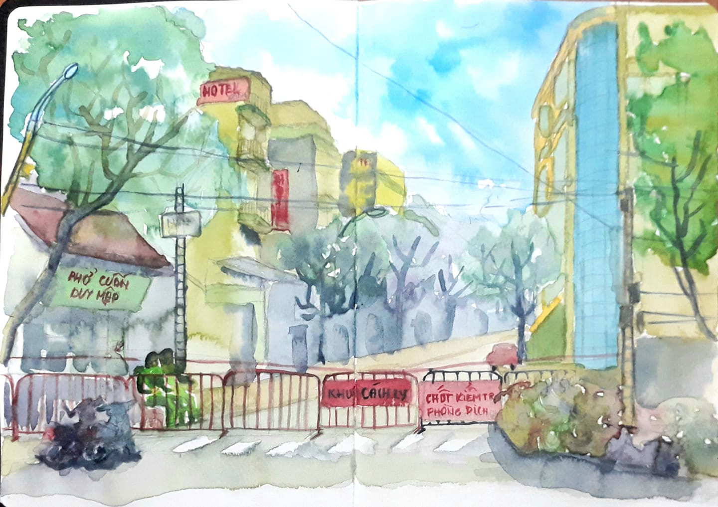 Artist Dang Truong Giang chooses to submit a sketch of his quarantined neighborhood on Truc Bach Street in Hanoi.