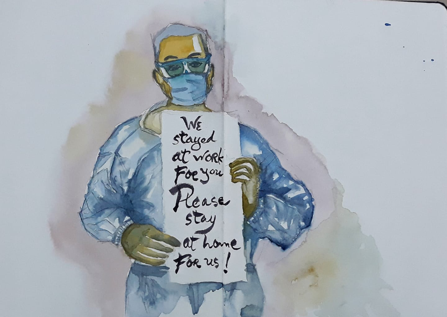 'We stay at work for you, please stay home for us' has been the motto of many healthcare professionals since the pandemic started, as shown in this sketch by Dang Truong Giang.