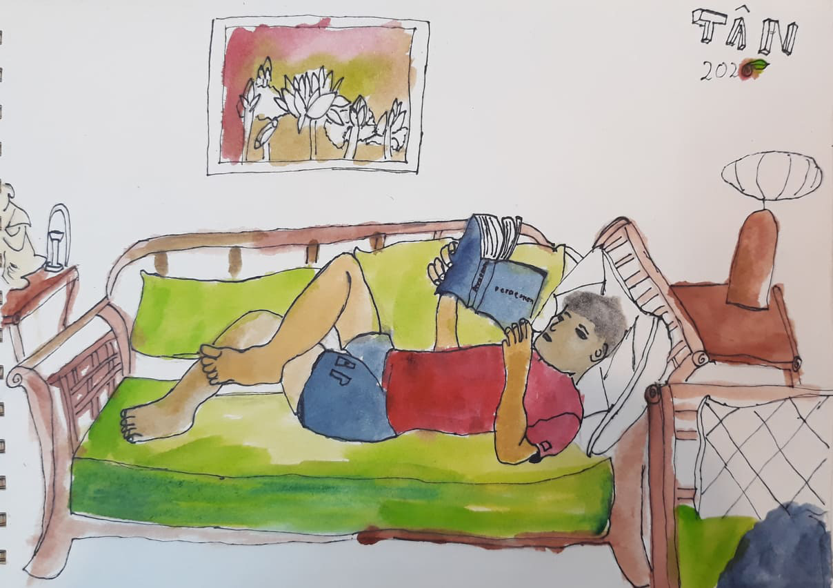 A boy reads books at home in this sketch by 11-year-old Nguyen Tan.