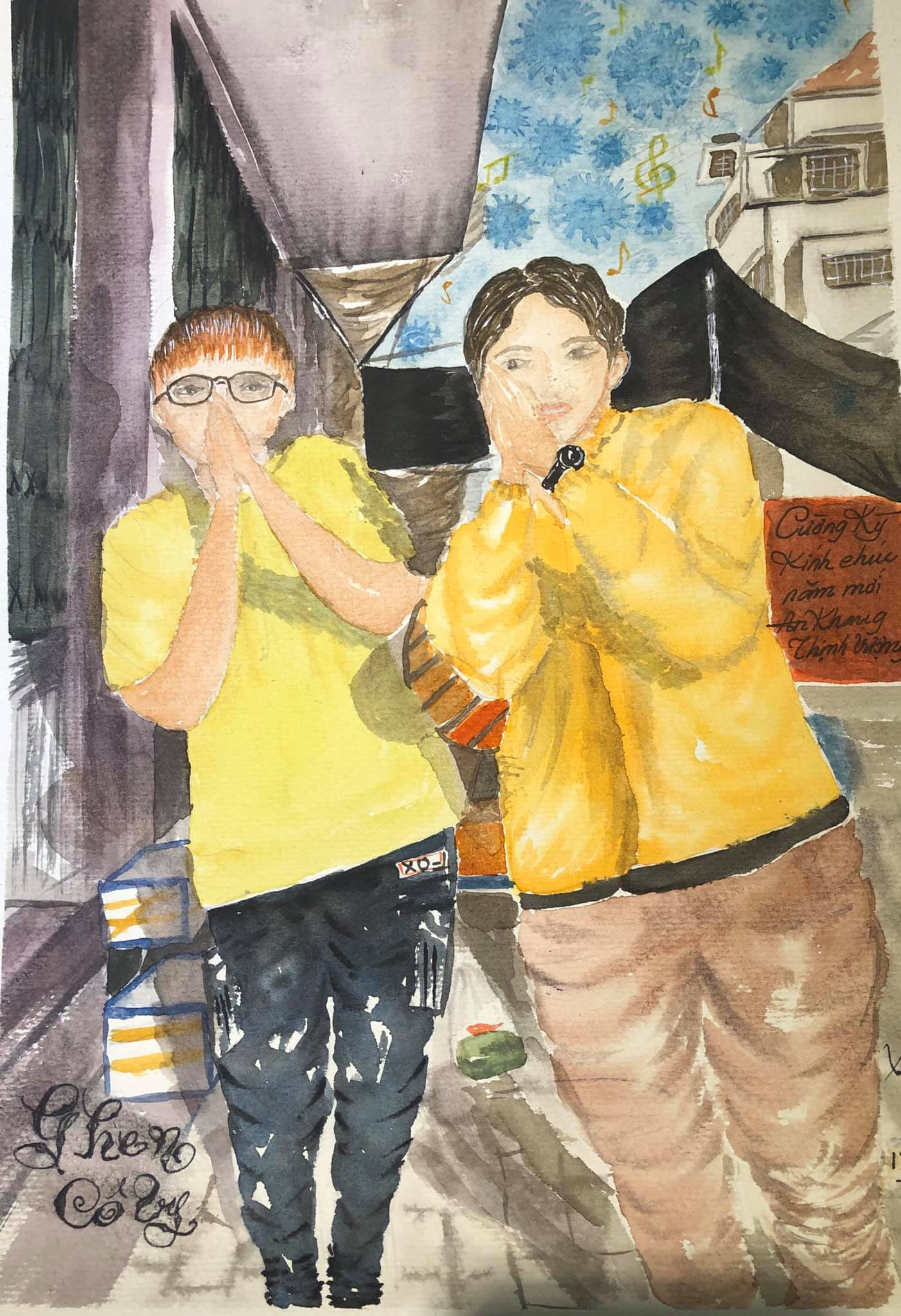 Artist Nguyen Hien depicts Vietnamese dancer Quang Duy (right) and a friend performing their choreographed version of the hit COVID-19 themed song 'Ghen Co Vy' in this sketch. Quang Dung and his partner performed the song to draw awareness of virus-prevention techniques.